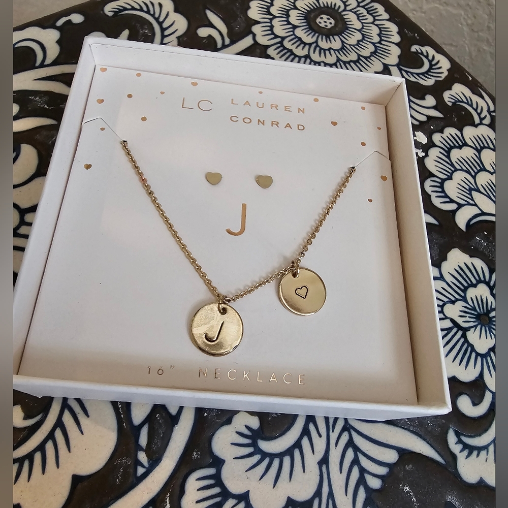 LC Lauren Conrad Gold Initial J  Necklace & Heart Earring Set NEW